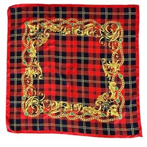 Vintage Equestrian Tartan Red Rayon Scarf​​